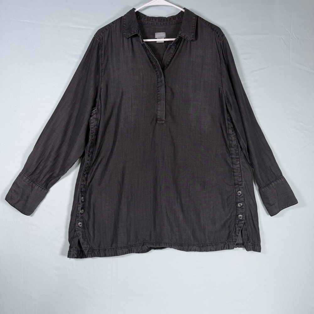 Chico's Size-3 Womens‎ Black Chambray Denim Tunic Henley Tencel Shirt